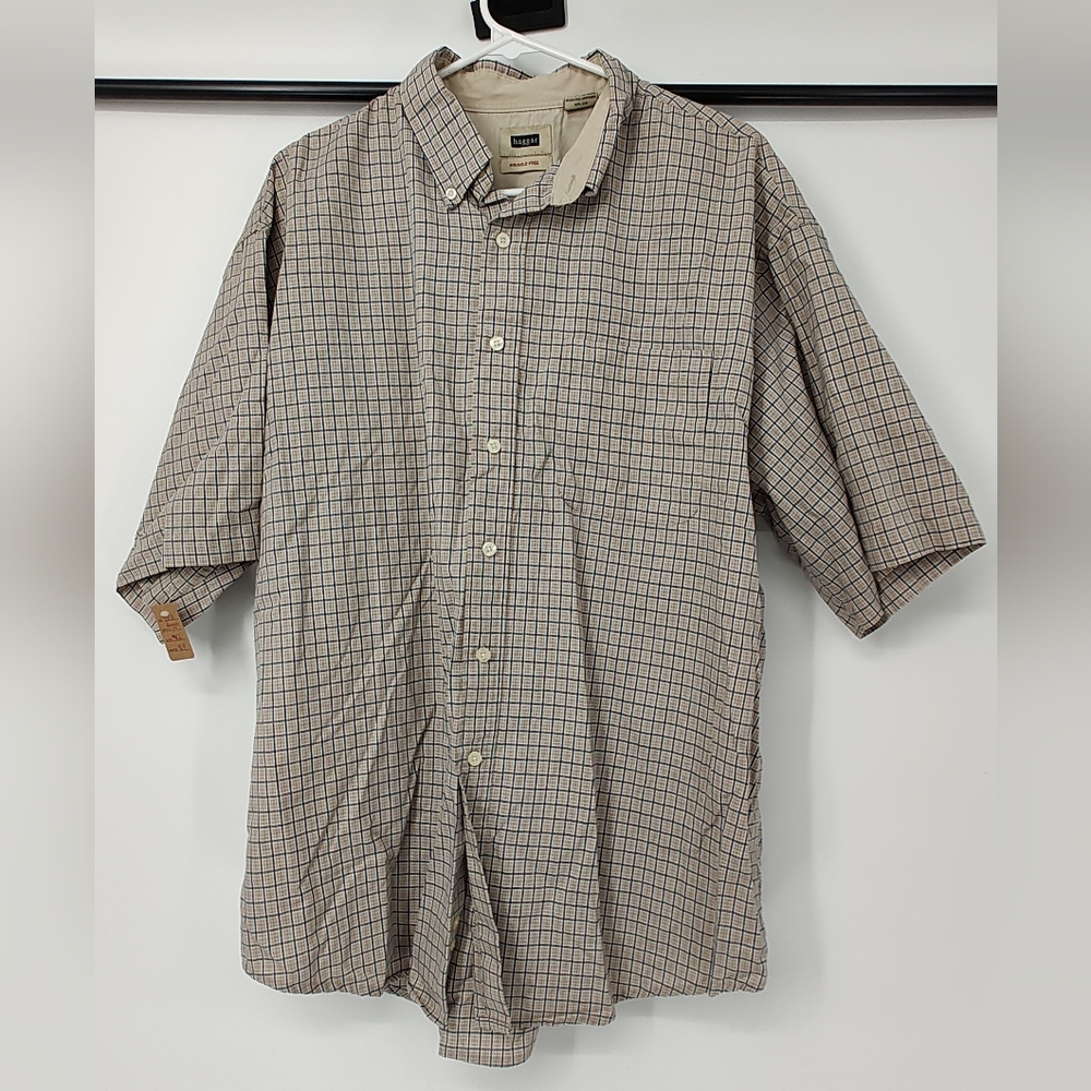 Haggar Wrinkle Free Men's Beige Plaid Short Sleeve Shirt Size X Large